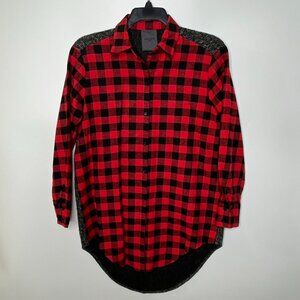 Maude Vivante Buffalo Plaid Button Up Tunic, Long Knit Back, Size Large